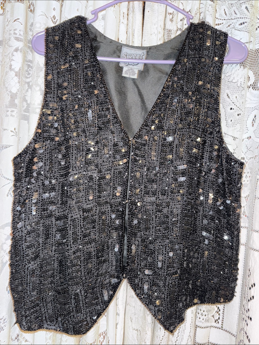 Black Sequin V-Neck Vest